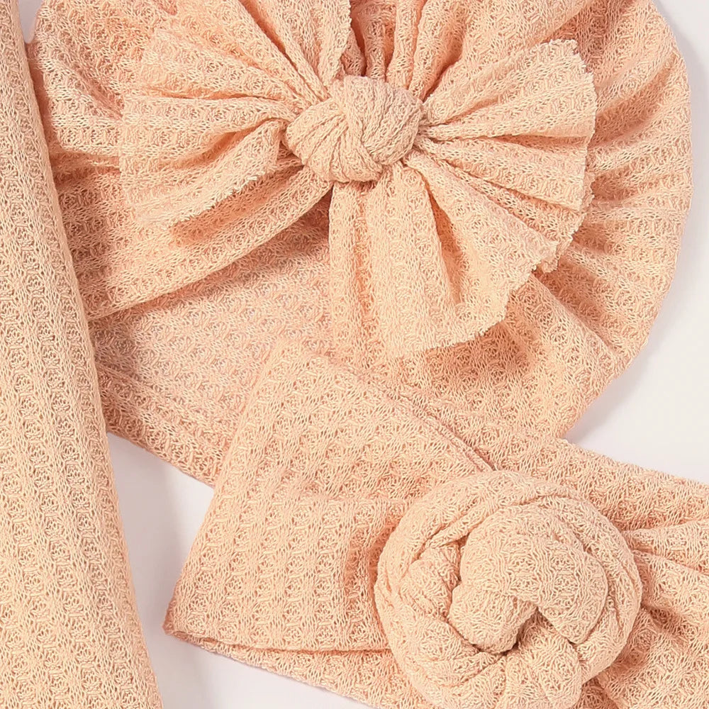2021 New Newborn Baby Waffle Knit Turban Cotton Beanie Caps 0-6M Infant Baby Swaddle Blanket Boy Girl Floral Baby Wrap headbands