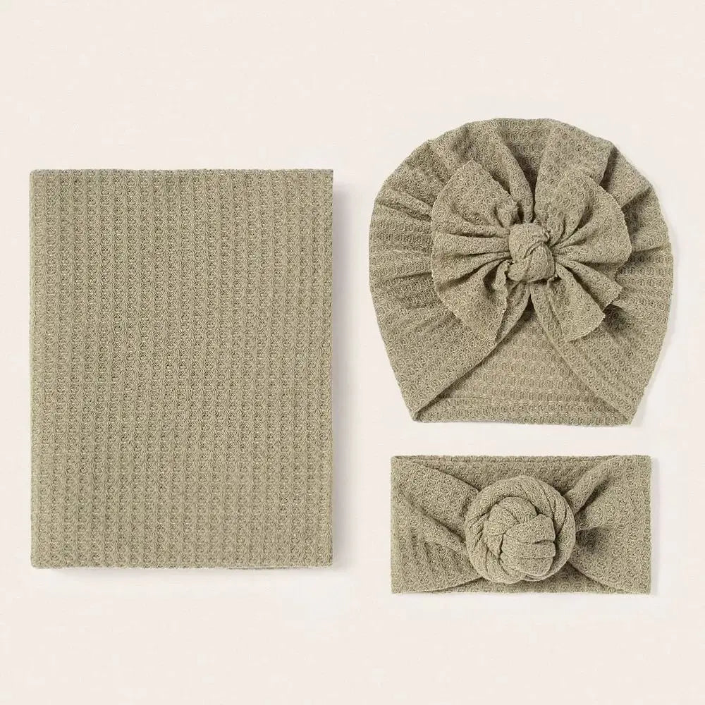 2021 New Newborn Baby Waffle Knit Turban Cotton Beanie Caps 0-6M Infant Baby Swaddle Blanket Boy Girl Floral Baby Wrap headbands
