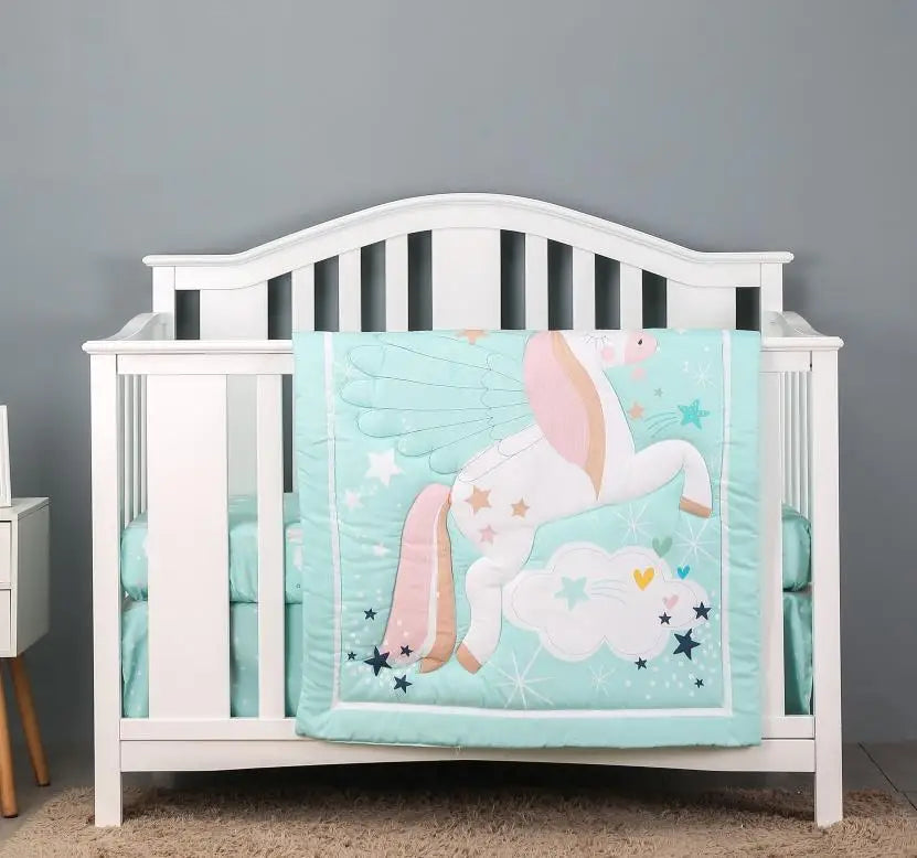 4 pcs cheep dinosaur design new design baby bedding set for boys new born-comforter, crib sheet, crib skirt and pillow case