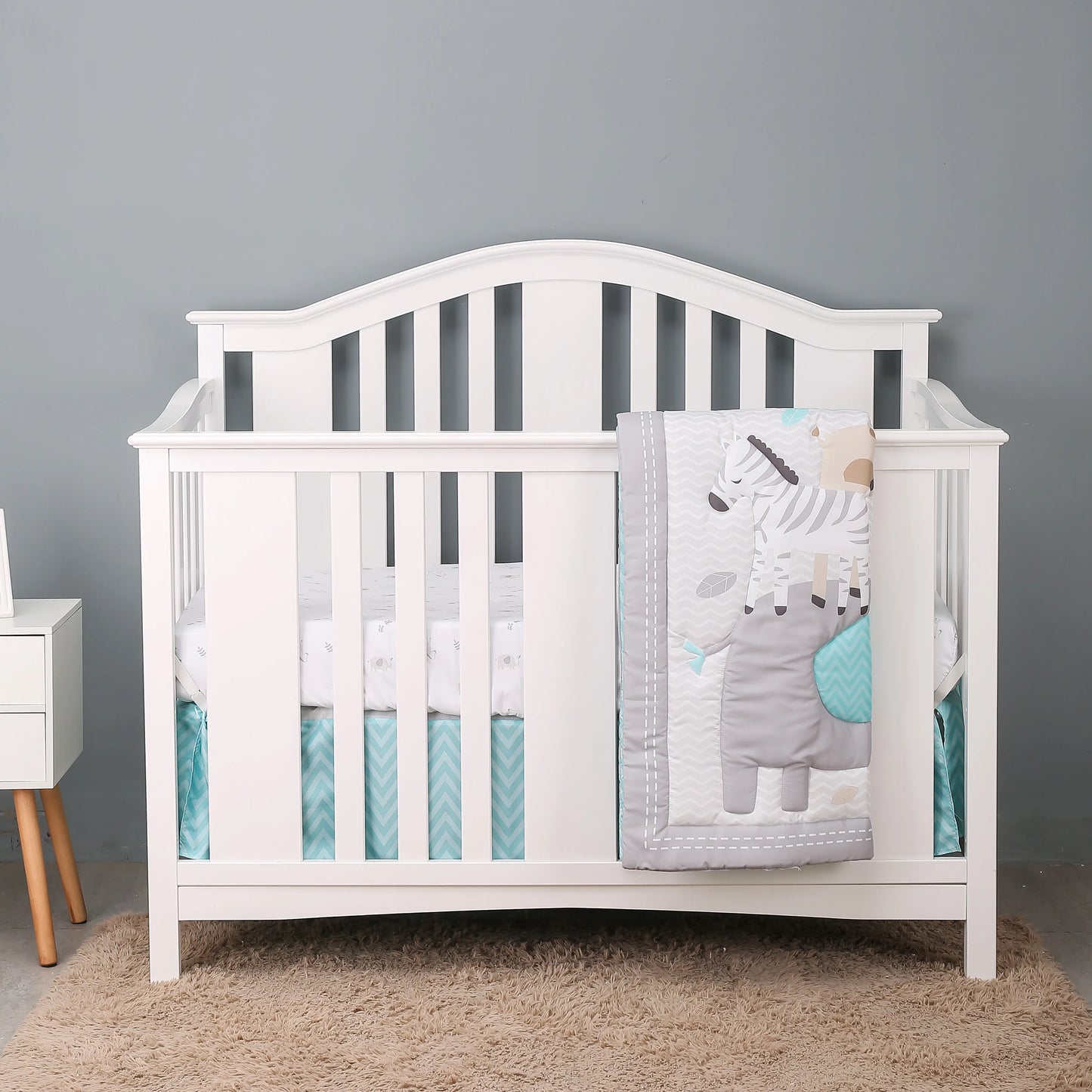 4 pcs cheep dinosaur design new design baby bedding set for boys new born-comforter, crib sheet, crib skirt and pillow case
