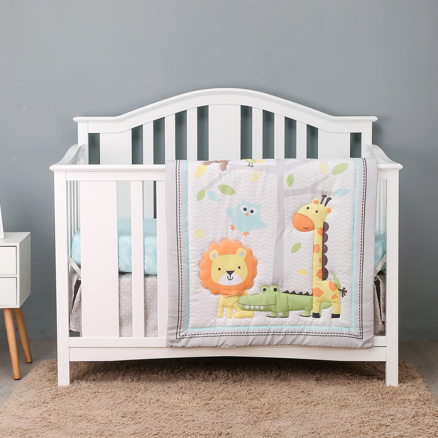 4 pcs cheep dinosaur design new design baby bedding set for boys new born-comforter, crib sheet, crib skirt and pillow case