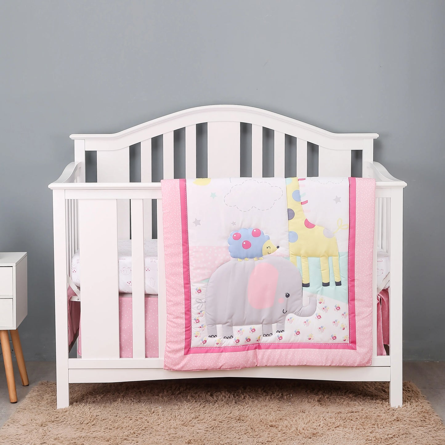 4 pcs cheep dinosaur design new design baby bedding set for boys new born-comforter, crib sheet, crib skirt and pillow case