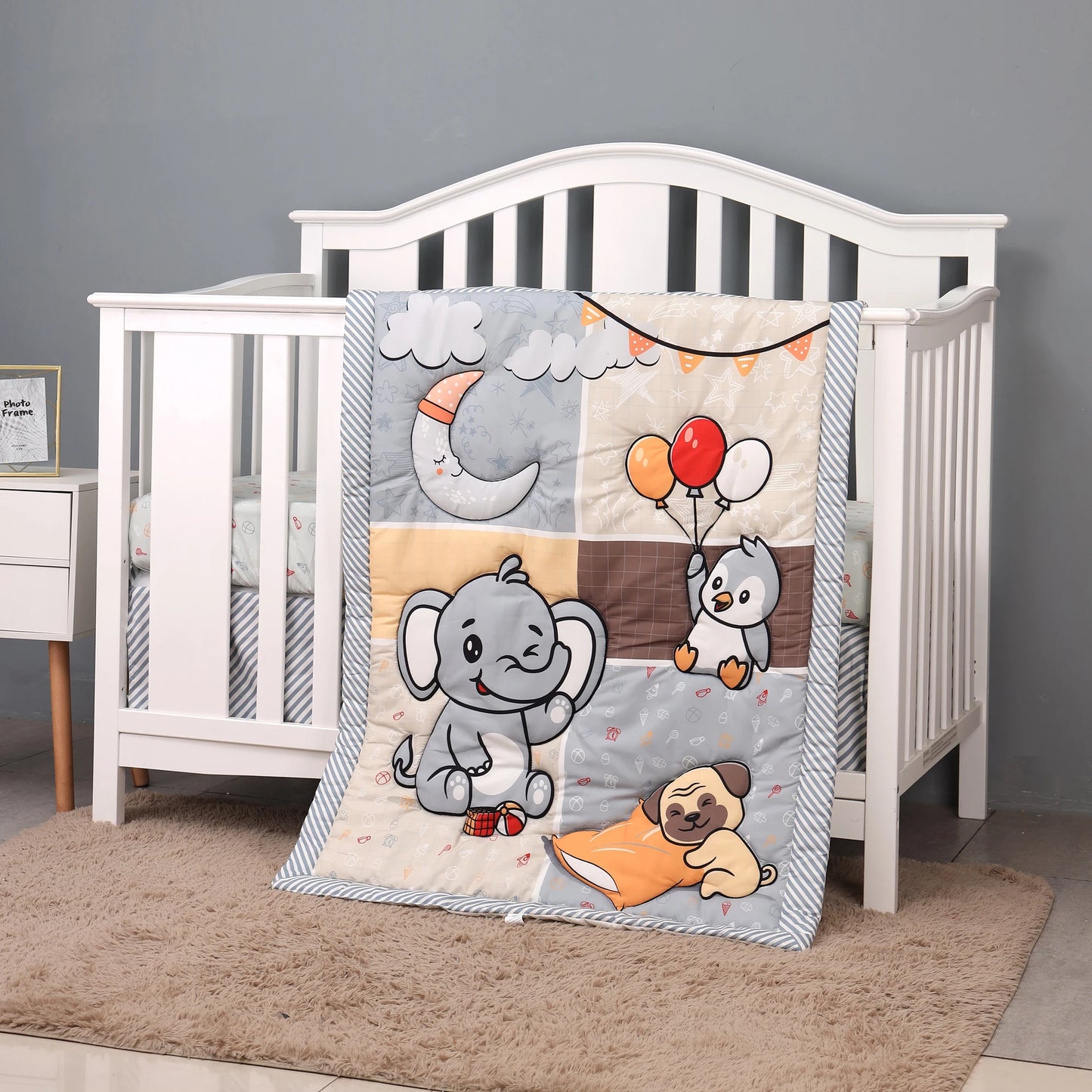 4 pcs cheep dinosaur design new design baby bedding set for boys new born-comforter, crib sheet, crib skirt and pillow case