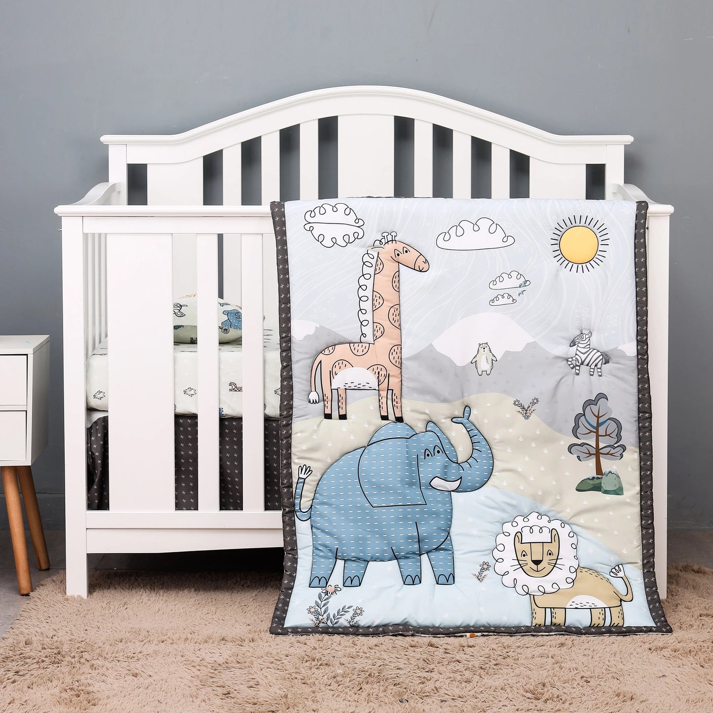 4 pcs cheep dinosaur design new design baby bedding set for boys new born-comforter, crib sheet, crib skirt and pillow case