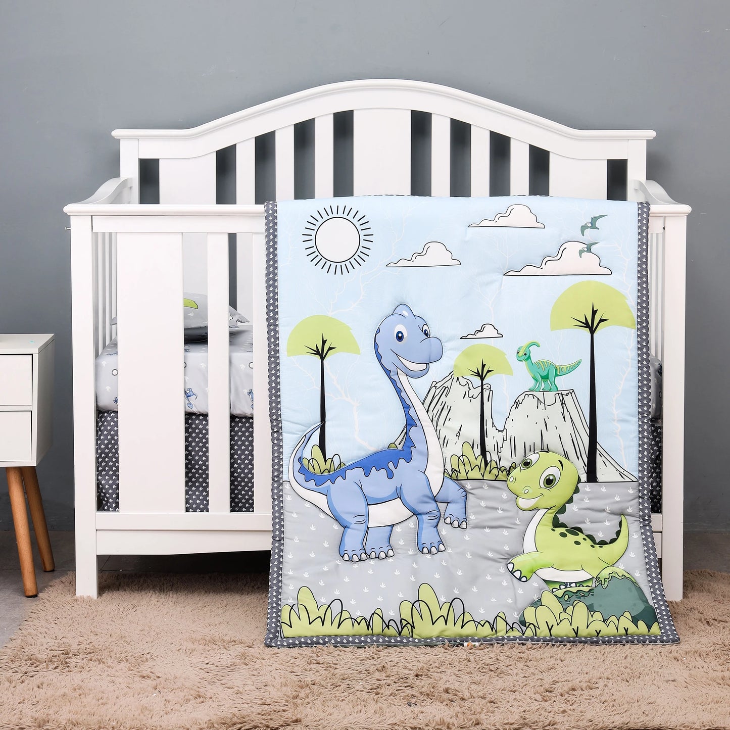 4 pcs cheep dinosaur design new design baby bedding set for boys new born-comforter, crib sheet, crib skirt and pillow case