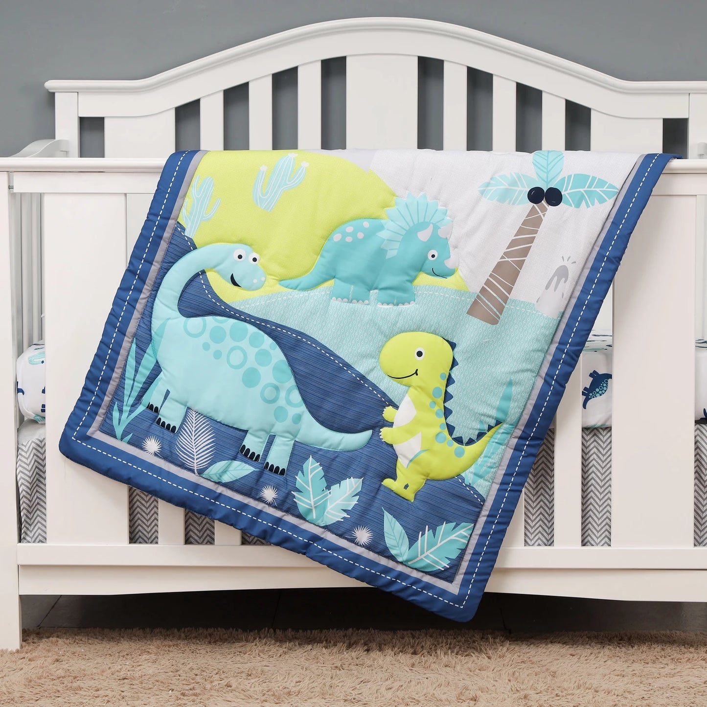 4 pcs cheep dinosaur design new design baby bedding set for boys new born-comforter, crib sheet, crib skirt and pillow case