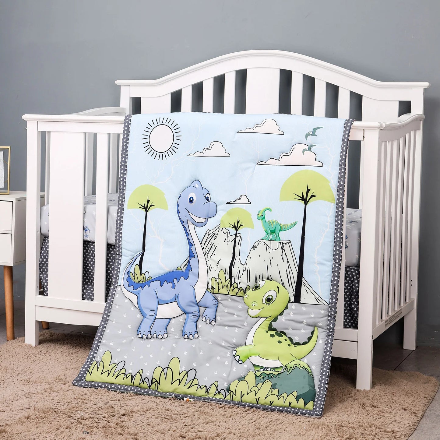 4 pcs cheep dinosaur design new design baby bedding set for boys new born-comforter, crib sheet, crib skirt and pillow case
