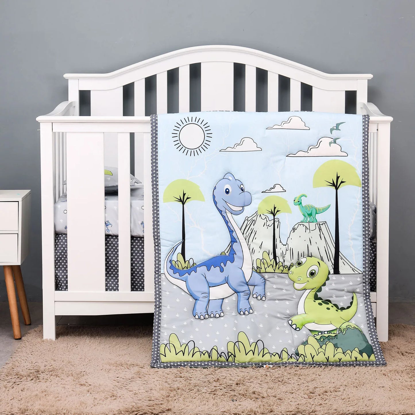 4 pcs cheep dinosaur design new design baby bedding set for boys new born-comforter, crib sheet, crib skirt and pillow case