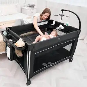 4 in 1 Portable Baby Crib Deluxe Nursery Center, Foldable Travel Playard with Bassinet, Mattress, Changing Table for Newborn