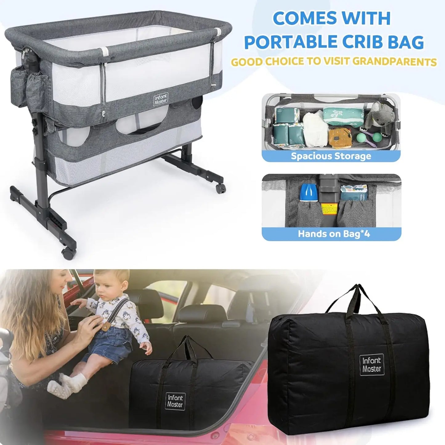 3 in 1 Baby Bassinet, Upgraded Beside Crib with 360° Highly Visible Mesh wall, Comfy Co-sleeper Bassinet with mattress