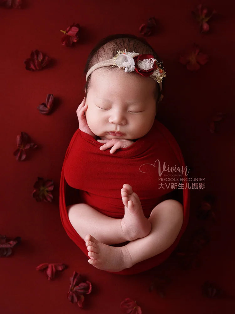 6pcs/Set Newborn Photography Props Soft Stretchable Baby Swaddle Wrap Headflower Red Theme Studio Infant Photography Accessories