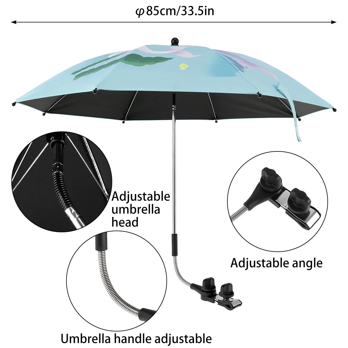 Baby Stroller Folding Umbrella Anti-UV Sun and Rain Umbrella 360° Adjustable Universal Stroller Portable Sunshade