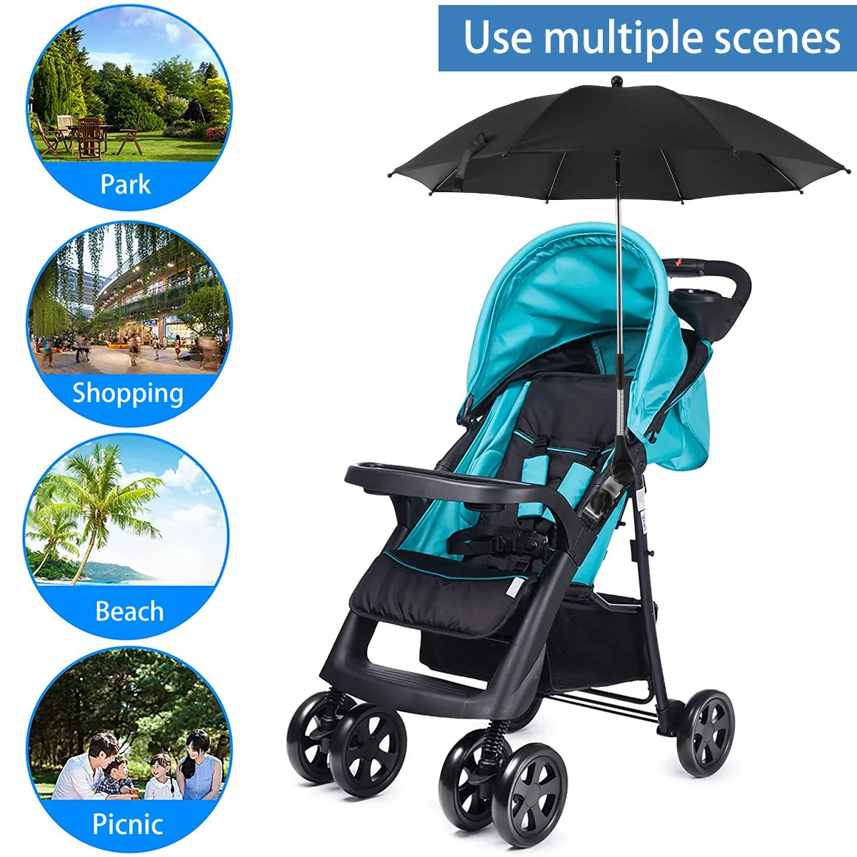 Baby Stroller Folding Umbrella Anti-UV Sun and Rain Umbrella 360° Adjustable Universal Stroller Portable Sunshade