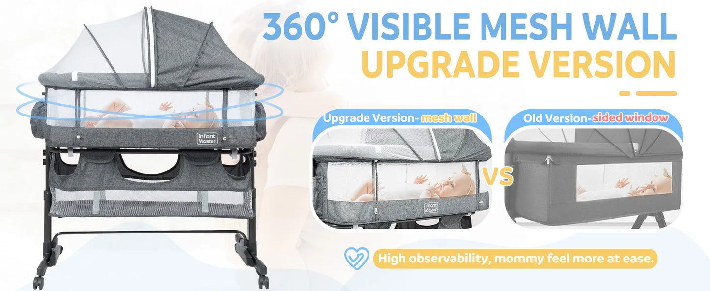 3 in 1 Baby Bassinet, Upgraded Beside Crib with 360° Highly Visible Mesh wall, Comfy Co-sleeper Bassinet with mattress