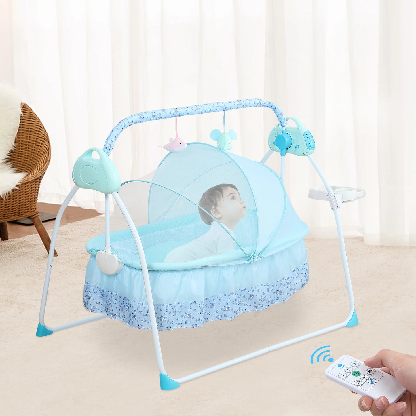 0-18 months Electric Kid Baby Crib Cradle Infant Rocker Auto-Swing Sleeper Bed Cot Bluetooth Blue 25kg