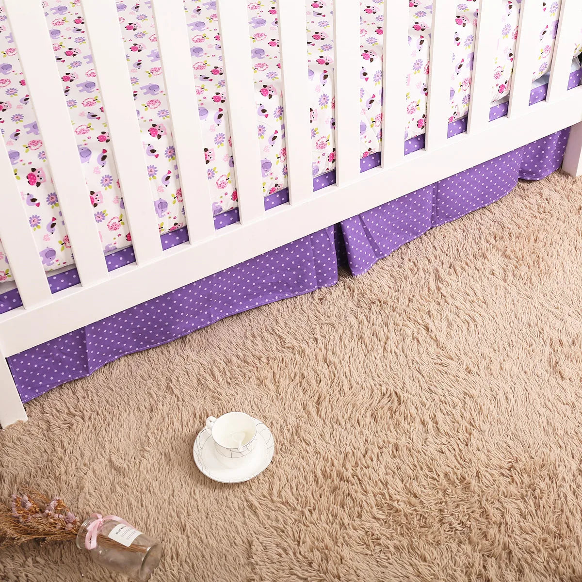 3Pcs Purple Skin-friendly Cotton Crib Fitted Sheet Baby Bedding Set Toddler Bedding Set (Baby Comforter Fitted Sheet Crib Skirt)
