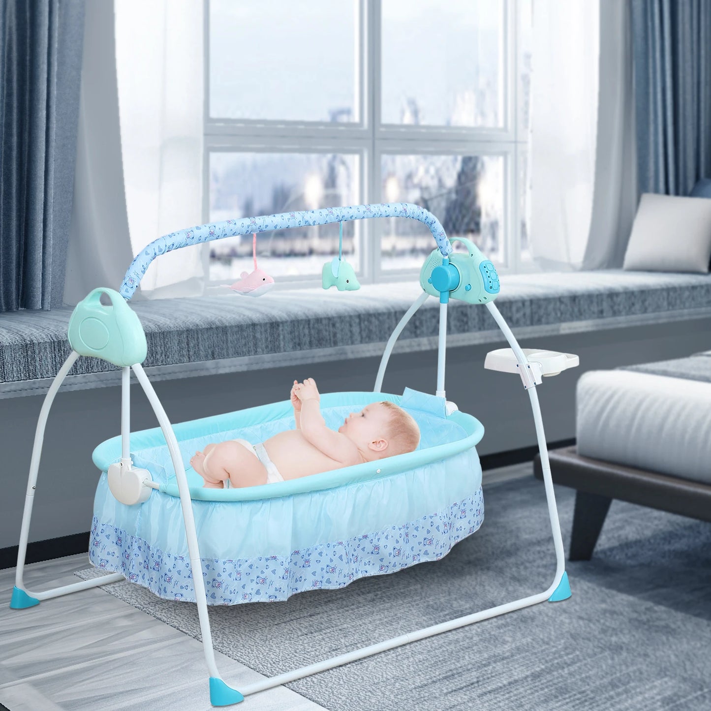 0-18 months Electric Kid Baby Crib Cradle Infant Rocker Auto-Swing Sleeper Bed Cot Bluetooth Blue 25kg