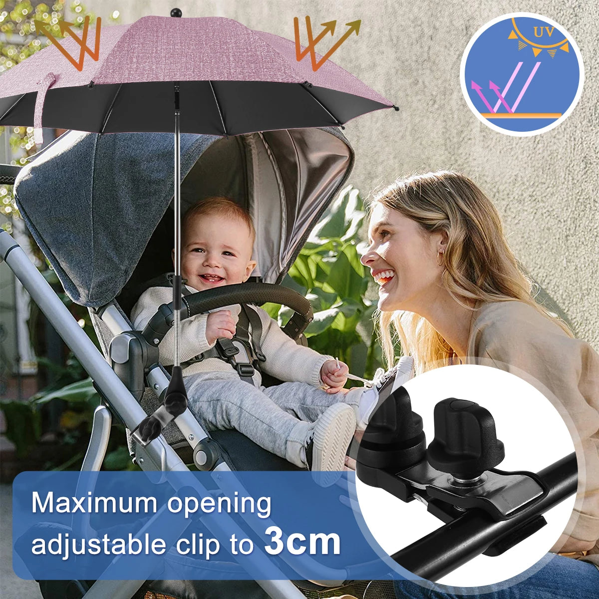 Baby Stroller Folding Umbrella Anti-UV Sun and Rain Umbrella 360° Adjustable Universal Stroller Portable Sunshade