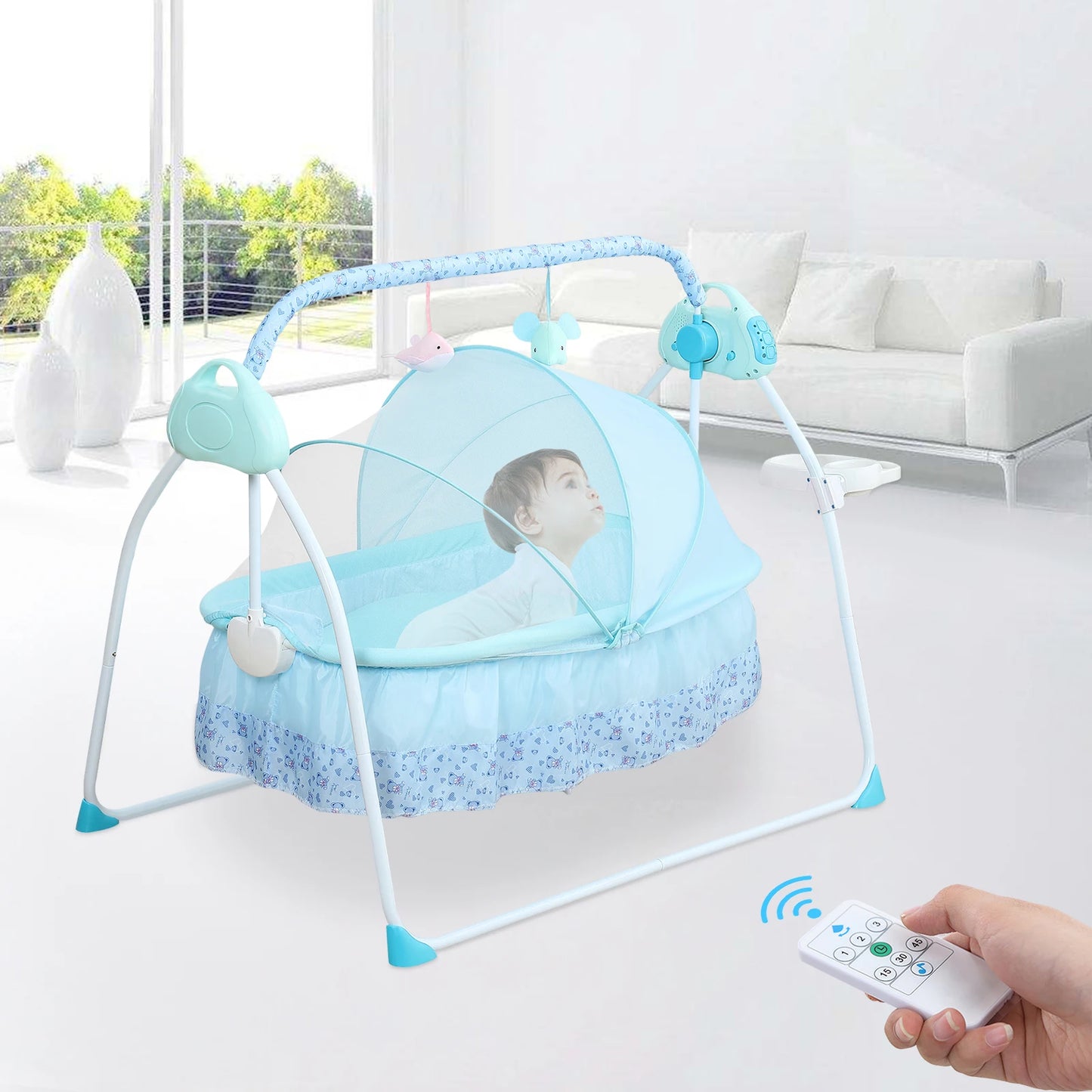 0-18 months Electric Kid Baby Crib Cradle Infant Rocker Auto-Swing Sleeper Bed Cot Bluetooth Blue 25kg