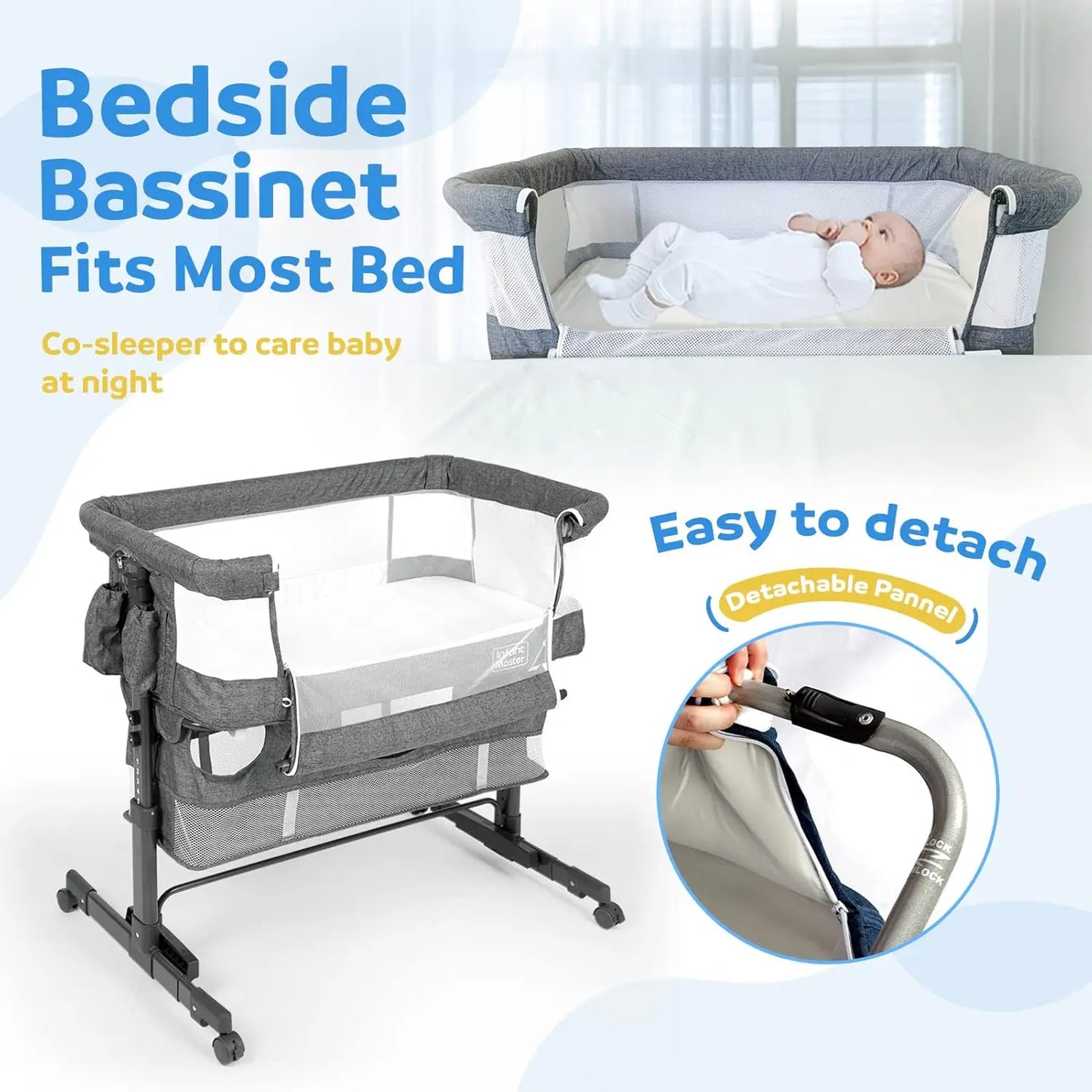 3 in 1 Baby Bassinet, Upgraded Beside Crib with 360° Highly Visible Mesh wall, Comfy Co-sleeper Bassinet with mattress