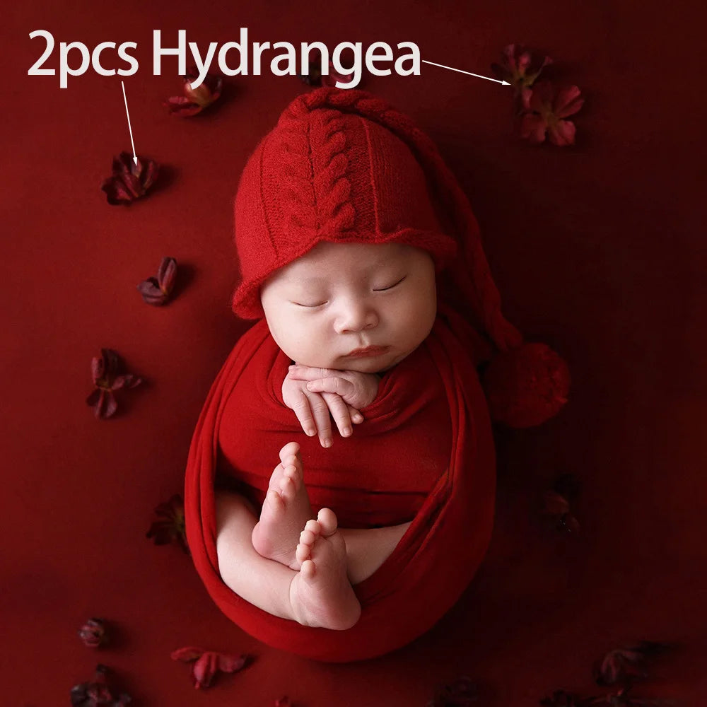 6pcs/Set Newborn Photography Props Soft Stretchable Baby Swaddle Wrap Headflower Red Theme Studio Infant Photography Accessories