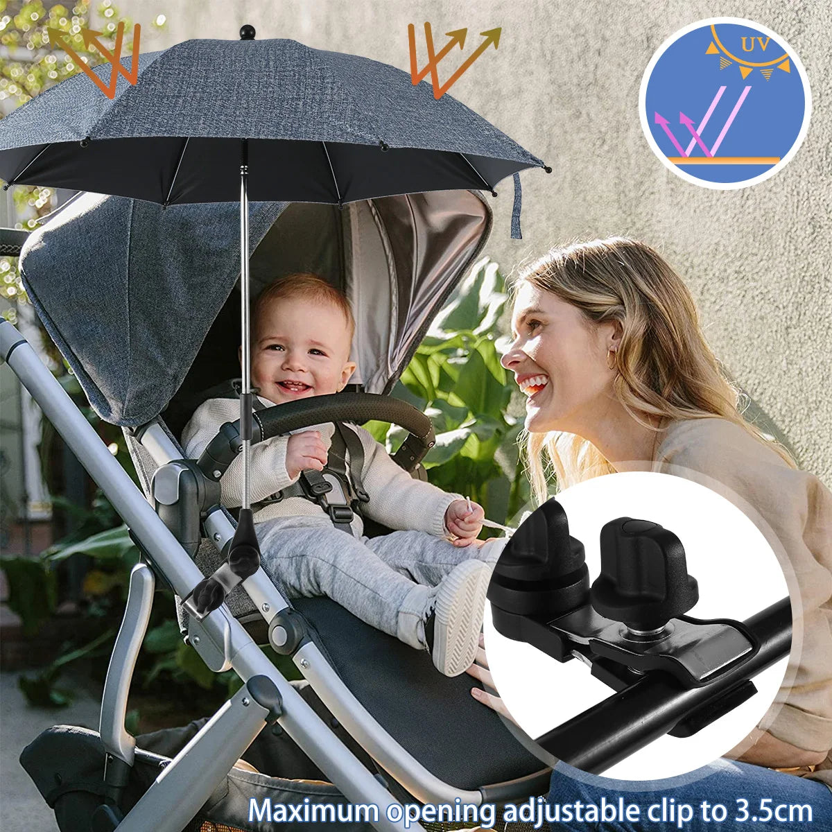 Baby Stroller Folding Umbrella Anti-UV Sun and Rain Umbrella 360° Adjustable Universal Stroller Portable Sunshade
