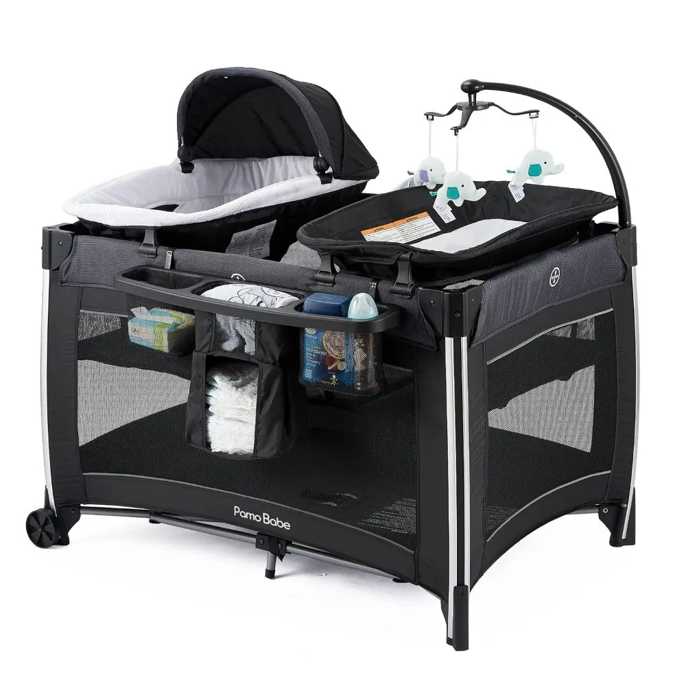 4 in 1 Portable Baby Crib Deluxe Nursery Center, Foldable Travel Playard with Bassinet, Mattress, Changing Table for Newborn