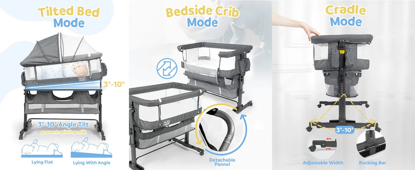 3 in 1 Baby Bassinet, Upgraded Beside Crib with 360° Highly Visible Mesh wall, Comfy Co-sleeper Bassinet with mattress