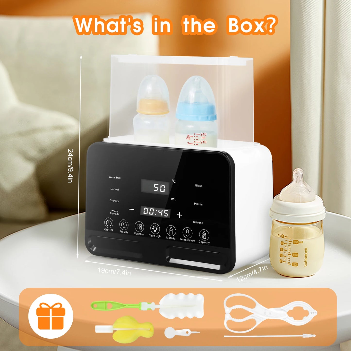 9 in 1 Milk Warmer Dual Bottle Multi-Function Steriliser LCD Display Nightlight Temperature Control Food Defrosting/Warming
