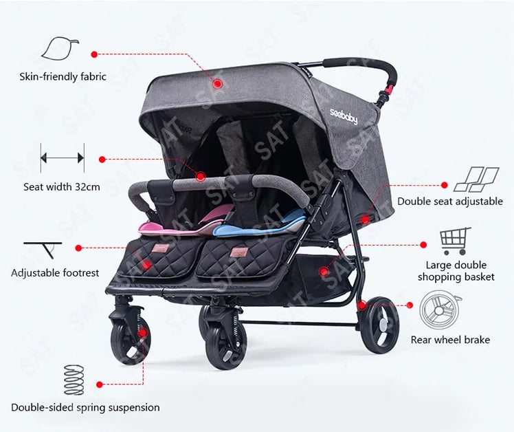 For 0-3 Year Old Baby Double Seats Folding Push Chair Baby Twin Stroller Baby