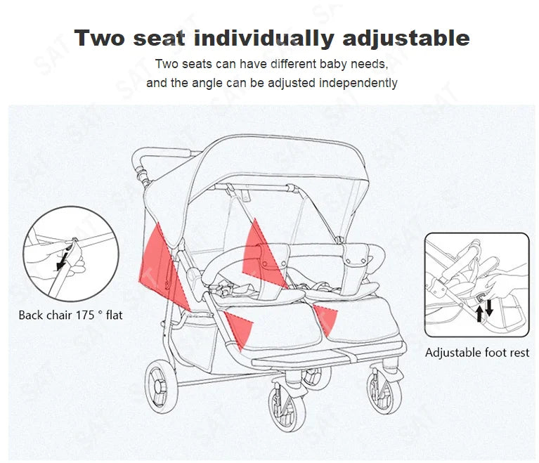For 0-3 Year Old Baby Double Seats Folding Push Chair Baby Twin Stroller Baby