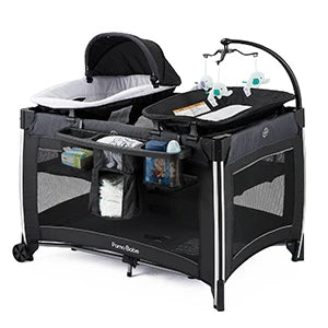 4 in 1 Portable Baby Crib Deluxe Nursery Center, Foldable Travel Playard with Bassinet, Mattress, Changing Table for Newborn