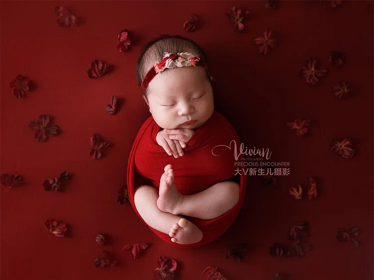 6pcs/Set Newborn Photography Props Soft Stretchable Baby Swaddle Wrap Headflower Red Theme Studio Infant Photography Accessories
