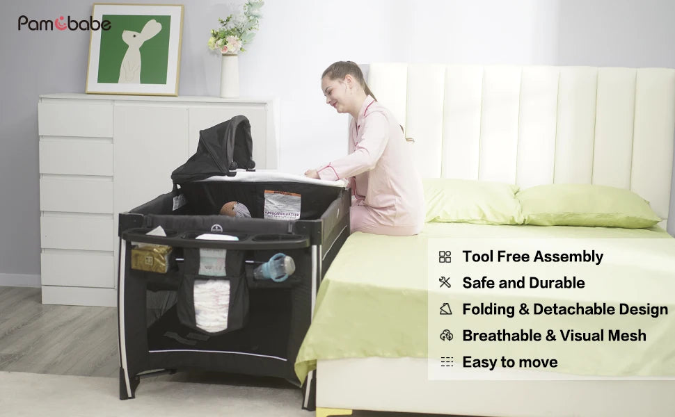 4 in 1 Portable Baby Crib Deluxe Nursery Center, Foldable Travel Playard with Bassinet, Mattress, Changing Table for Newborn