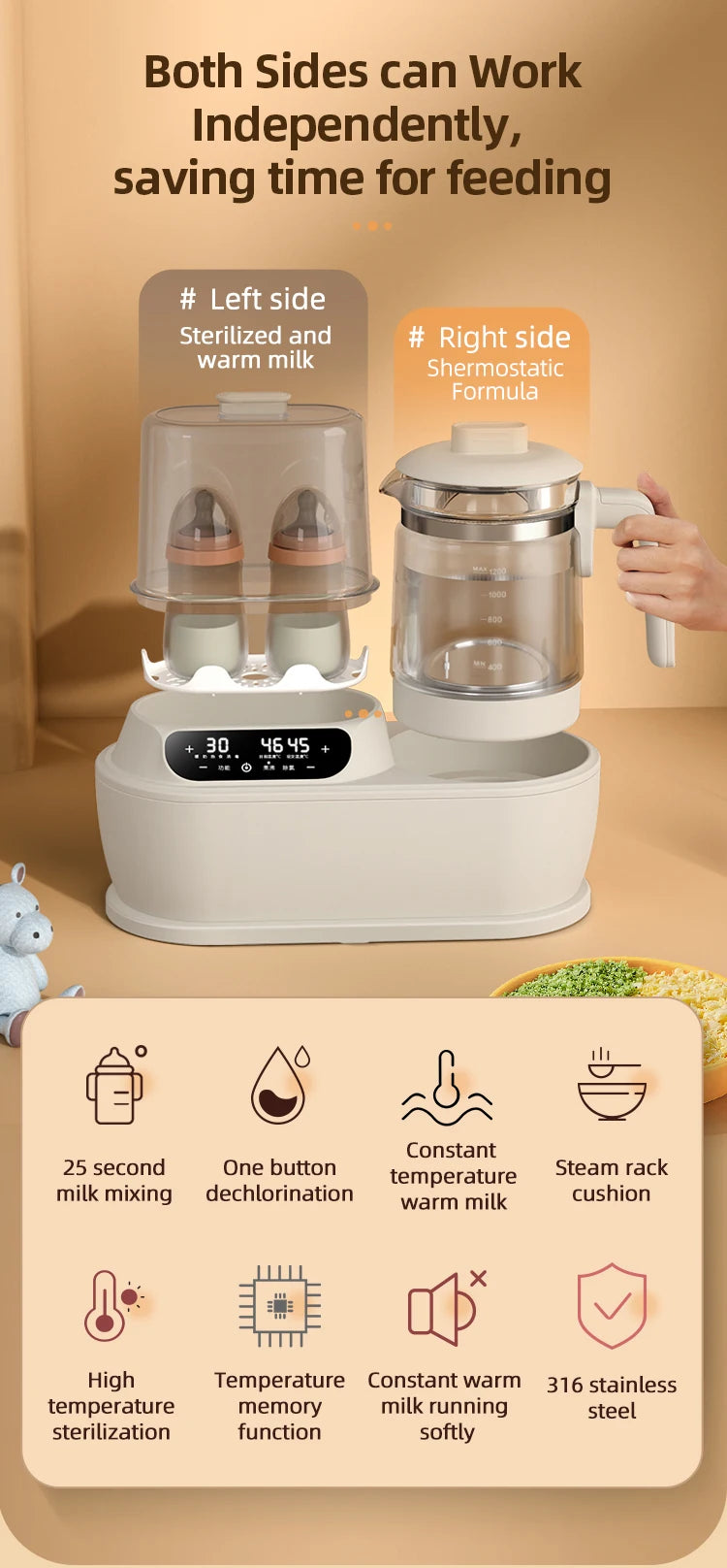 2022 New electric milk glass kettle custom portable warmer bottle steam steriliser and baby food heater in india