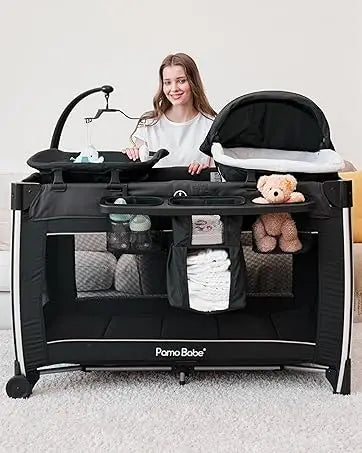 4 in 1 Portable Baby Crib Deluxe Nursery Center, Foldable Travel Playard with Bassinet, Mattress, Changing Table for Newborn