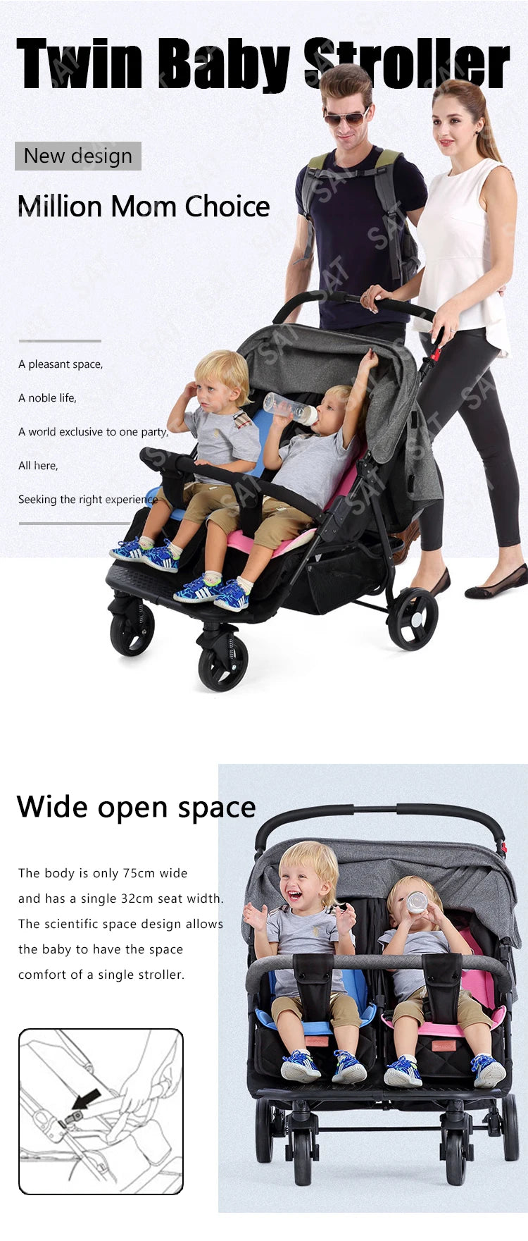 For 0-3 Year Old Baby Double Seats Folding Push Chair Baby Twin Stroller Baby
