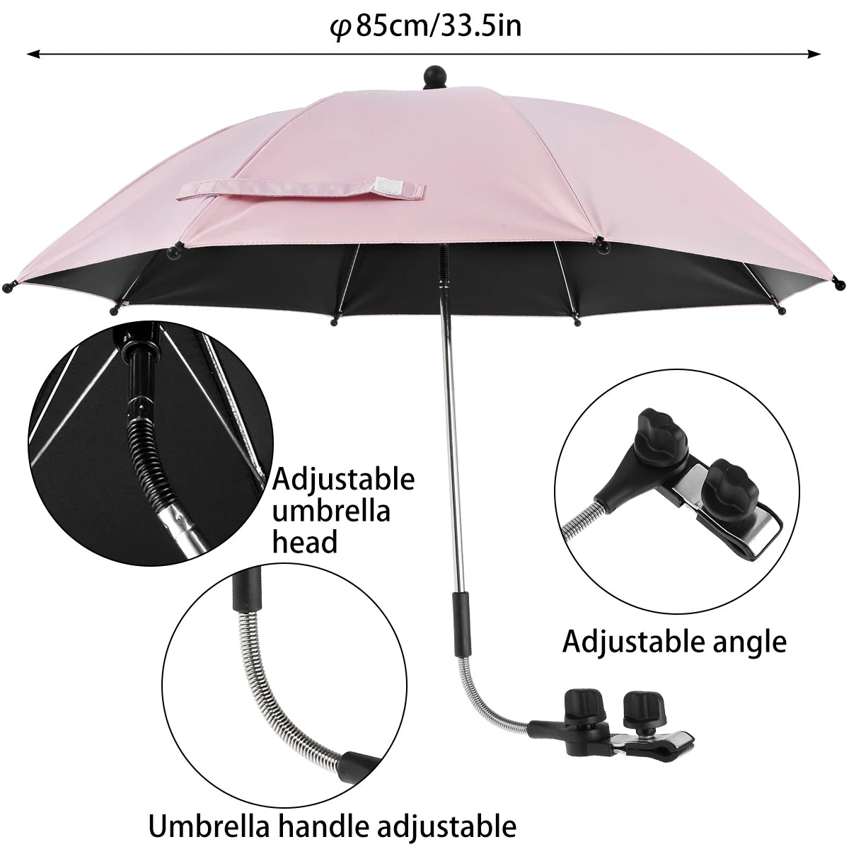 Baby Stroller Folding Umbrella Anti-UV Sun and Rain Umbrella 360° Adjustable Universal Stroller Portable Sunshade