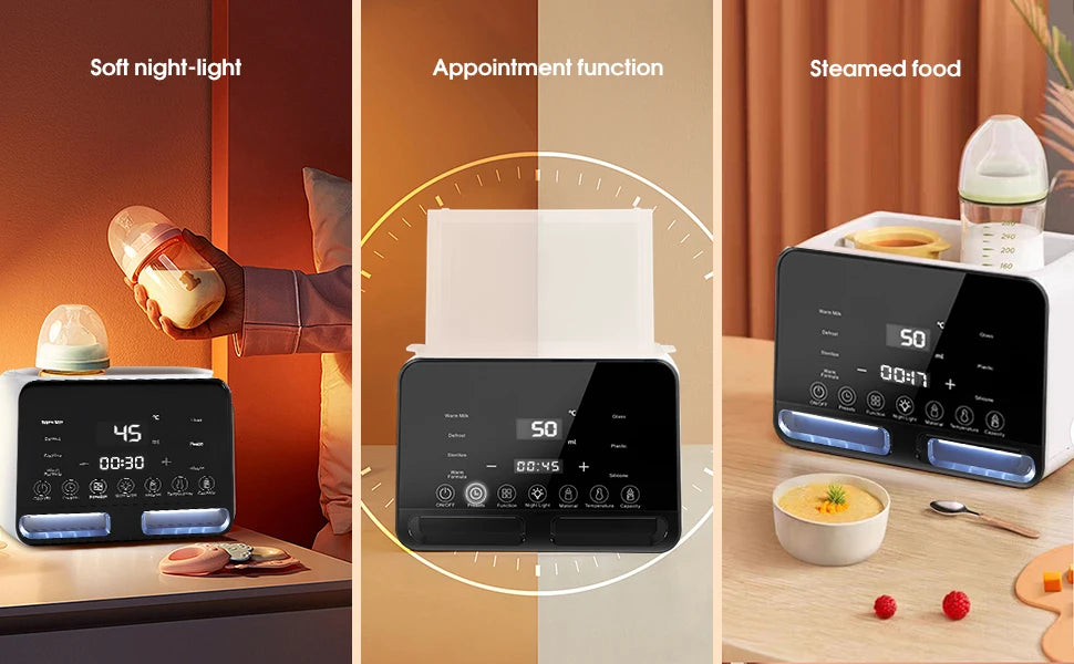 9 in 1 Milk Warmer Dual Bottle Multi-Function Steriliser LCD Display Nightlight Temperature Control Food Defrosting/Warming