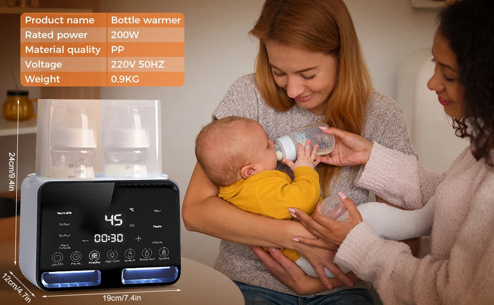 9 in 1 Milk Warmer Dual Bottle Multi-Function Steriliser LCD Display Nightlight Temperature Control Food Defrosting/Warming