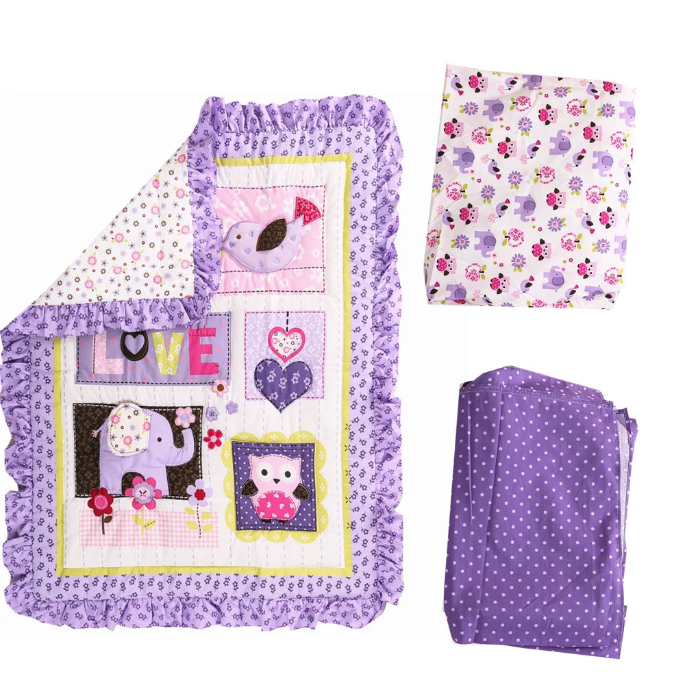 3Pcs Purple Skin-friendly Cotton Crib Fitted Sheet Baby Bedding Set Toddler Bedding Set (Baby Comforter Fitted Sheet Crib Skirt)