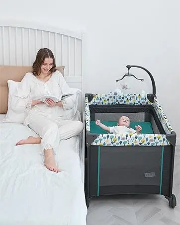 4 in 1 Portable Baby Crib Deluxe Nursery Center, Foldable Travel Playard with Bassinet, Mattress, Changing Table for Newborn