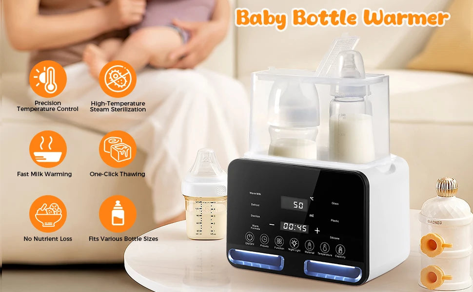 9 in 1 Milk Warmer Dual Bottle Multi-Function Steriliser LCD Display Nightlight Temperature Control Food Defrosting/Warming