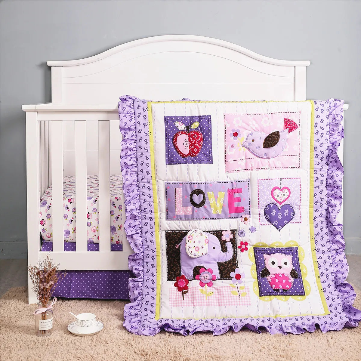3Pcs Purple Skin-friendly Cotton Crib Fitted Sheet Baby Bedding Set Toddler Bedding Set (Baby Comforter Fitted Sheet Crib Skirt)