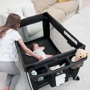 4 in 1 Portable Baby Crib Deluxe Nursery Center, Foldable Travel Playard with Bassinet, Mattress, Changing Table for Newborn
