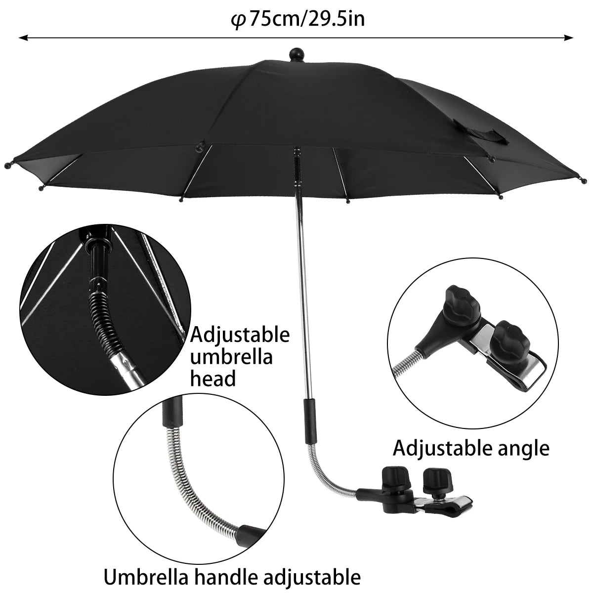 Baby Stroller Folding Umbrella Anti-UV Sun and Rain Umbrella 360° Adjustable Universal Stroller Portable Sunshade