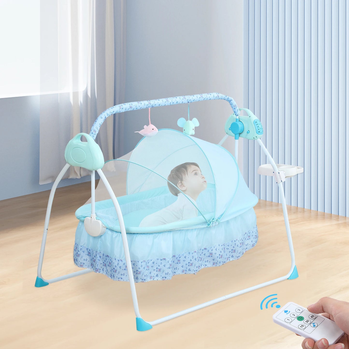 0-18 months Electric Kid Baby Crib Cradle Infant Rocker Auto-Swing Sleeper Bed Cot Bluetooth Blue 25kg