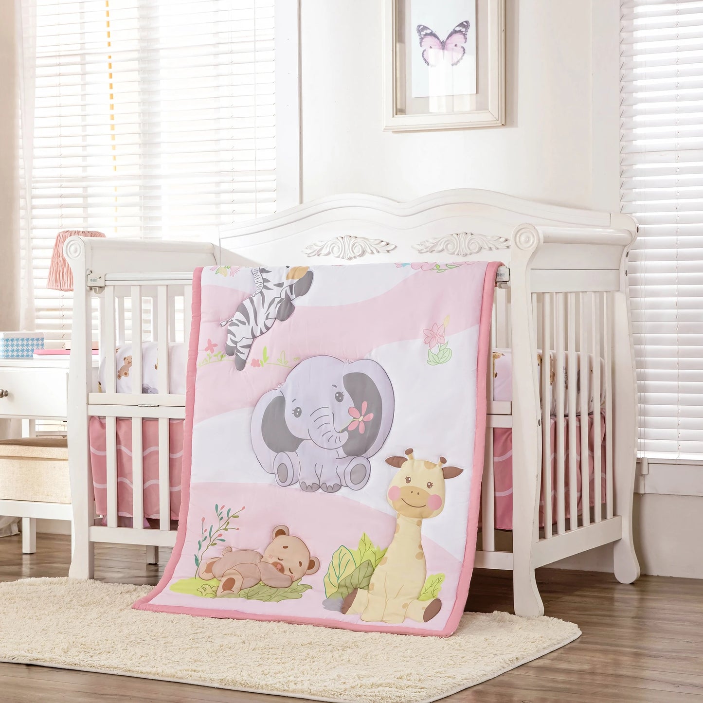 3Piece Infant Cartoon Crib Bedding Set Crib Set for Girls Microfiber kit berço para bebê(Baby Comforter Fitted Sheet Crib Skirt)