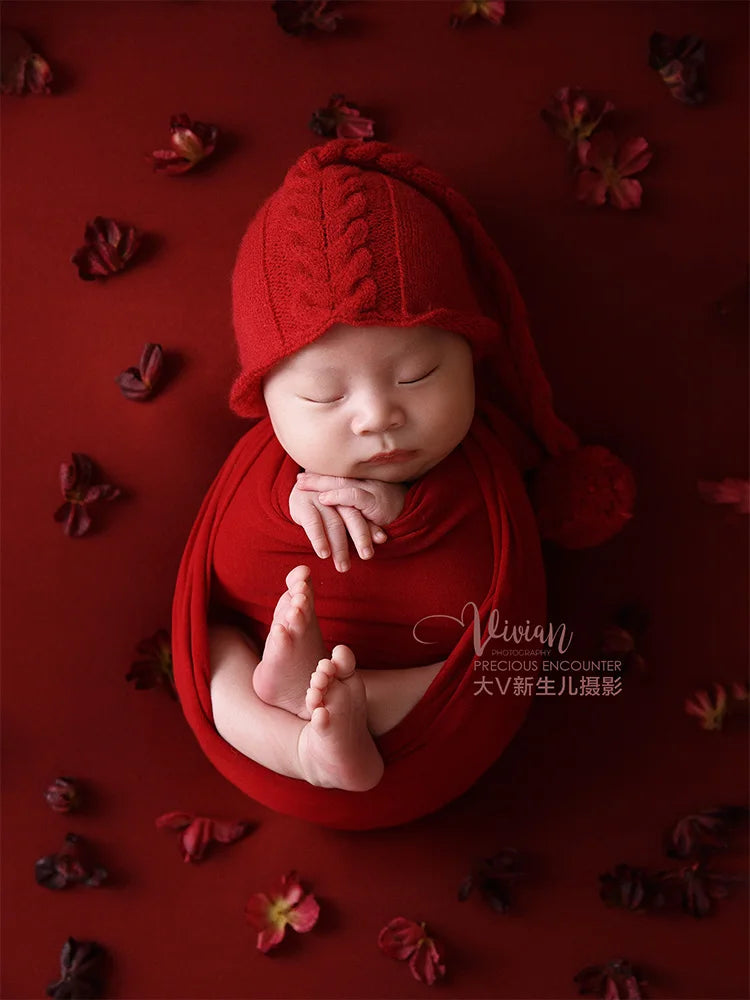 6pcs/Set Newborn Photography Props Soft Stretchable Baby Swaddle Wrap Headflower Red Theme Studio Infant Photography Accessories