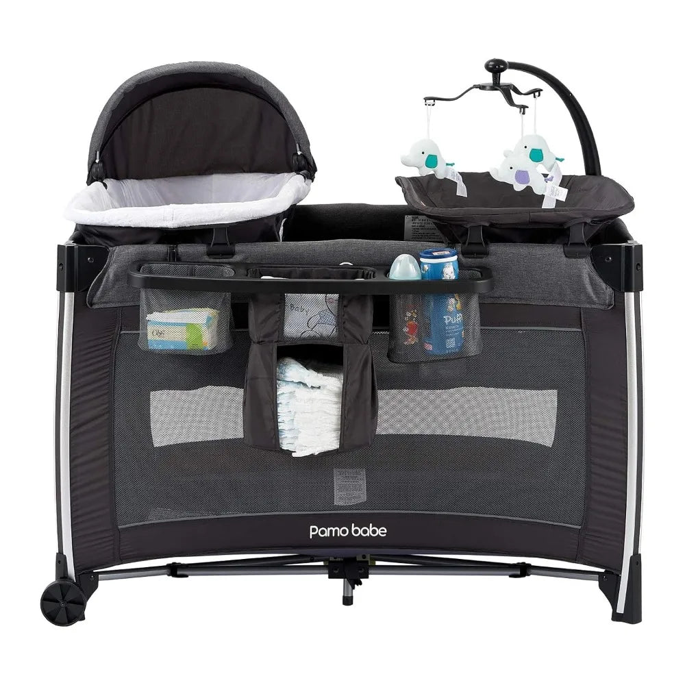 4 in 1 Portable Baby Crib Deluxe Nursery Center, Foldable Travel Playard with Bassinet, Mattress, Changing Table for Newborn,
